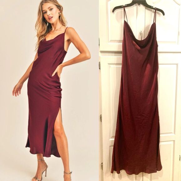 RESET by Jane Florence Satin Burgundy Cowl Neck Cami Slip Dress Size Large - Picture 1 of 16